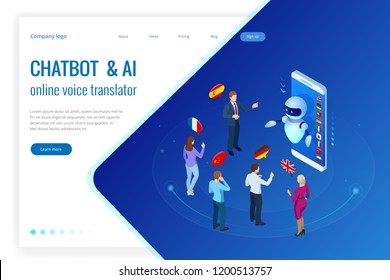 Isometric online voice translator and learning languages concept. E-learning, translate languages or audio guide. Artificial Intelligence chatbot translator.
