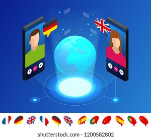 Isometric online voice translator and learning languages concept. Learning, translate languages or audio guide. Artificial Intelligence chatbot translator.