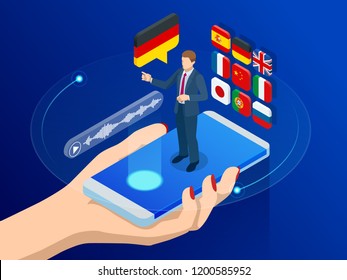 Isometric Online Voice Translator And Learning Languages Concept. E-learning, Translate Languages Or Audio Guide. Artificial Intelligence Chatbot Translator.