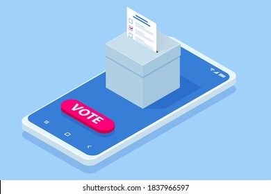 Votación en línea isométrica y concepto electoral. Votación electrónica, sistema de Internet electoral. Smartphone con voto en pantalla.