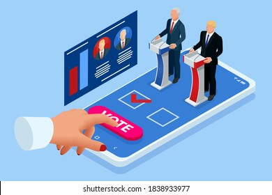 Isometric Online Voting and Election Concept. E-voting, Election Internet System. Smartphone with Vote on Screen. Usa debate of president voting 2020.