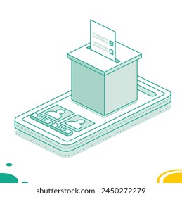Isometric online voting and election concept using the smartphone. Vector illustration. Smartphone with vote on screen. People vote online using mobile app to choose their candidate.
