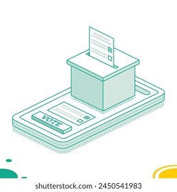 Isometric online voting and election concept using the smartphone. Vector illustration. Smartphone with vote on screen. People vote online using mobile app to choose their candidate.