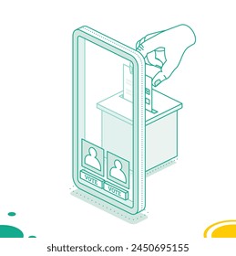 Isometric online voting and election concept using the smartphone. Vector illustration. People vote online using mobile app to choose their candidate.