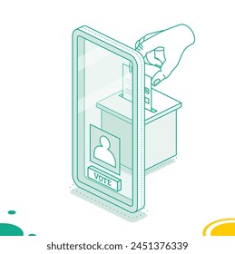 Isometric online voting and election concept using the smartphone. Vector illustration. People vote online using mobile app to choose their candidate.