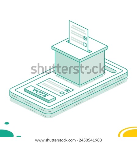 Isometric online voting and election concept using the smartphone. Vector illustration. Smartphone with vote on screen. People vote online using mobile app to choose their candidate.