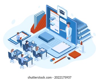 Isometric online webinar training e-learning people concept. Online webinar, school education or digital training vector illustration. Distance learning concept. Studying via devices as laptop, tablet