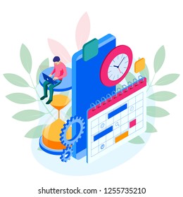 Isometric online weekly schedule and calendar planner organization management on smartphone . Online business workflow, time management, planning, task app, teamwork, and meeting.