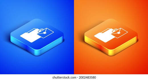Isometric Online working icon isolated on blue and orange background. Freelancer man working on laptop at his house. Remote work. Distant job concept. Square button. Vector