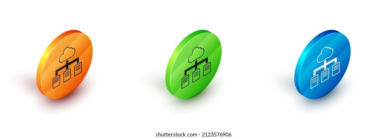 Isometric Online working icon isolated on white background. Freelancer man working on laptop at his house. Remote work. Distant job concept. Circle button. Vector