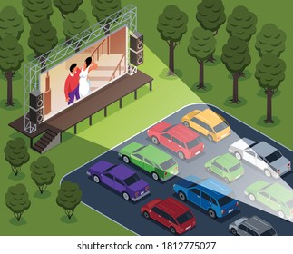 Isometric Open Air Cinema Composition With Cars In Outdoor Landscape Of Drive-in Theater Screening Movie Vector Illustration