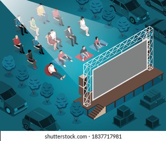 Composición isométrica de cine al aire libre con cine al aire libre cantidad segura de distancia entre personas sentadas ilustración vectorial