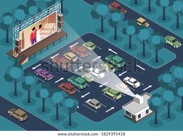 Isometric open air cinema composition with\
view of outdoor parking and cars with screen projecting movie\
vector illustration