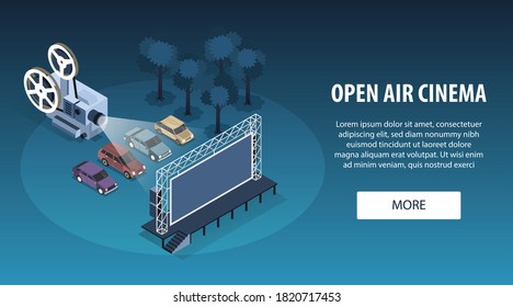 Isometric open air cinema horizontal banner with row of cars in front of screen with projector vector illustration