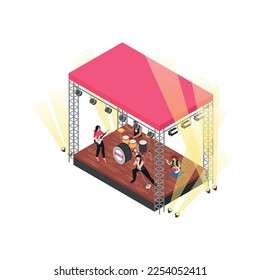 Isometric open air music festival composition with isolated human character on blank background vector illustration