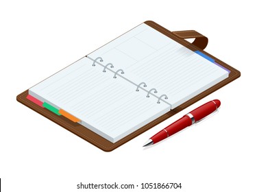 Isometric open blank spiral notepad notebook and red pen isolated on white background. Mock up for corporate identity and promotion objects.