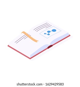 Isometric open book with bookmark vector illustration. Paper encyclopedia or dictionary with scientific image for reading or school learning concept in modern flat style isolated on white background.
