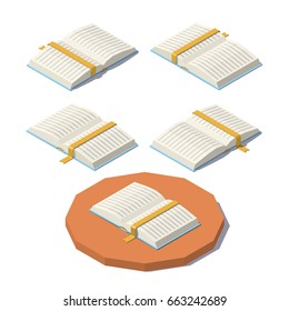 Isometric open book from different angles isolated on white background.
Vector low poly illustration.