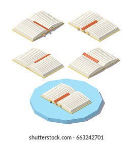 Isometric open book from different angles isolated on white background.
Vector low poly illustration.