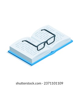 isometric open book and glasses, in color on a white background, reading and learning