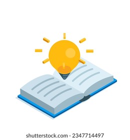 isometrisometrisches offenes Buch mit leuchtender Glühbirne in Farbe auf weißem Hintergrund, Studium oder Lesen in der Bibliothek, Licht der Aufklärung