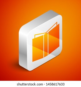 Isometric Open book icon isolated on orange background. Silver square button. Vector Illustration
