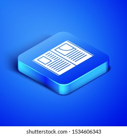 Isometric Open book icon isolated on blue background. Blue square button. Vector Illustration