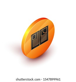 Isometric Open book icon isolated on white background. Orange circle button. Vector Illustration