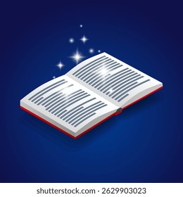 Isometric open book with magical stars