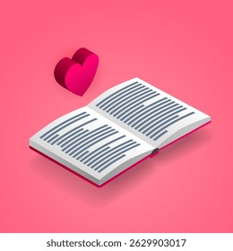 Isometric open book with a pink heart symbol above