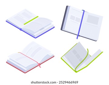 Livros abertos isométricos. Literatura educacional ou de fantasia, enciclopédia, livros didáticos abertos conjunto de ilustração vetorial 3D. Livros sobre fundo branco