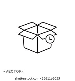 isometric open box with clock icon, best before date concept, open packaging, time management, thin line symbol concept isolated on white background, editable stroke eps 10 vector illustration