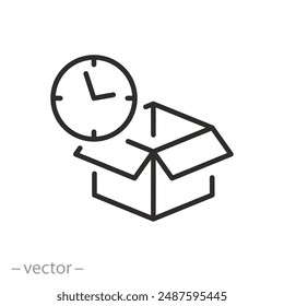 caja abierta isométrica con el icono del reloj, mejor antes de la fecha concepto, embalaje abierto, concepto de timeboxing, símbolo delgado - Ilustración vectorial