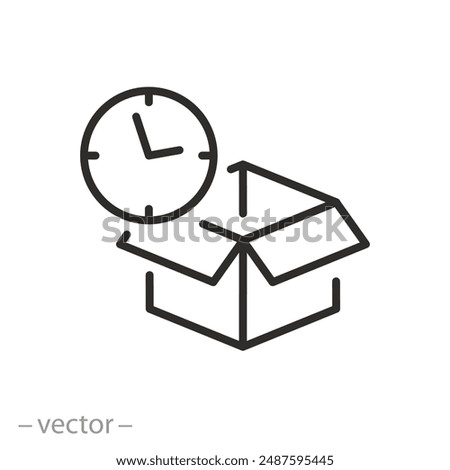 isometric open box with watch icon, best before date concept, open packaging, timeboxing concept, thin symbol - vector illustration