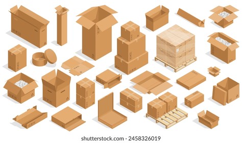 Isometric open boxes. Closed and open cardboard carton crates, square and rectangular packaging containers. Vector isolated set. Retail business parcels of various shapes for delivery or shipping