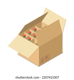 Isometric open cardboard box with bottles 3d vector illustration