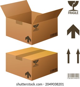 Isometric open and closed cardboard box with main packaging symbols