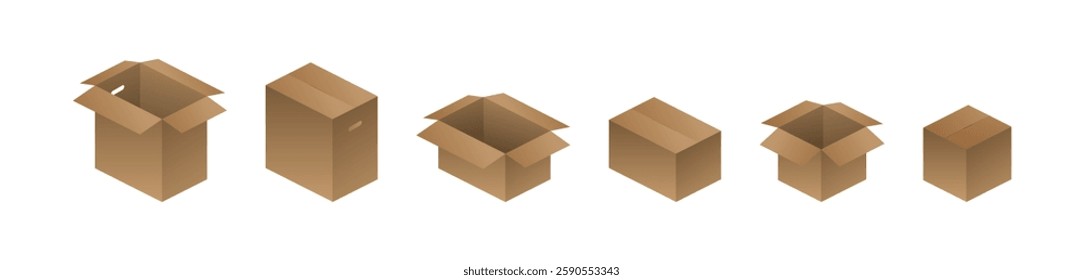 Isometric Open and Closed Cardboard Boxes Vector Set