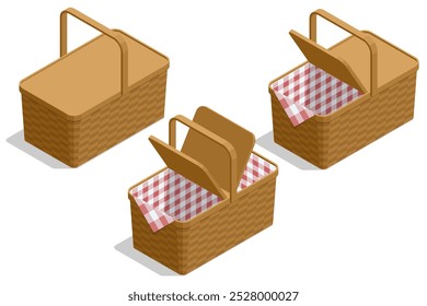 Isometric open or closed wicker picnic basket for carrying tableware, food, and drinks on a white background. It represents the idea of relaxation, a romantic meal, and a family weekend outing.