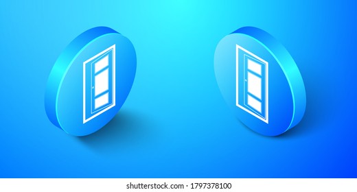 Isometric Open door icon isolated on blue background. Blue circle button. Vector.
