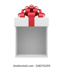 Caja de regalo isométrica abierta vacía envuelta blanca decorada con cinta de arco brillante rojo para el almacenamiento sorpresa festivo superior vista 3d ilustración vectorial. Paquete de cartón cuadrado realista para felicitaciones de vacaciones