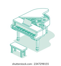 Isométrico piano de cola abierto. Ilustración vectorial. Objeto musical aislado en fondo blanco. Icono de esquema.