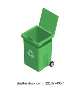 Isometric Open Green Garbage Bin On White Background 3d Vector Illustration