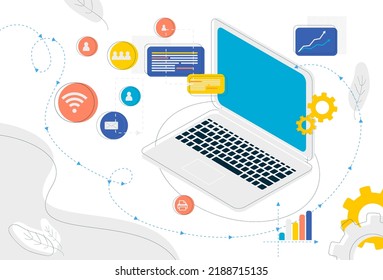 Isometric open laptop image for web banners, websites, in presentations. Business and internet icons around the computer. Flat vector illustration. Editable vector illustration EPS 10