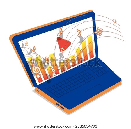 Isometric open laptop and musical notes floating along musical chord lines. Listening of melodies and compositions in music player program. 3D vector concept isolated on white background