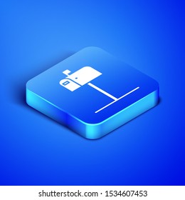 Isometric Open mail box icon isolated on blue background. Mailbox icon. Mail postbox on pole with flag. Blue square button. Vector Illustration