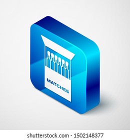 Isometric Open matchbox and matches icon isolated on white background. Blue square button. Vector Illustration