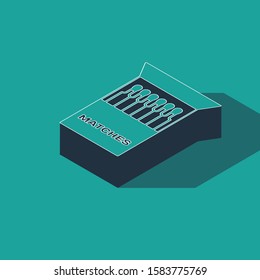 Isometric Open matchbox and matches icon isolated on green background.  Vector Illustration