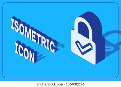 Isometric Open padlock and check mark icon isolated on blue background. Cyber security concept. Digital data protection. Safety safety.  Vector Illustration