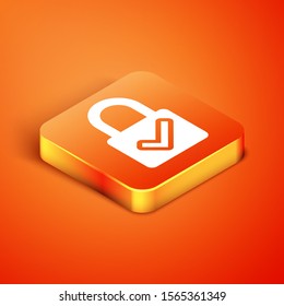 Isometric Open padlock and check mark icon isolated on orange background. Cyber security concept. Digital data protection. Safety safety.  Vector Illustration
